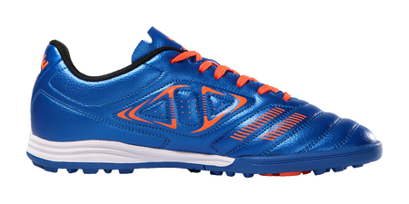 Kelme royal blue TF soccer shoe with orange accents and side stripe detailing