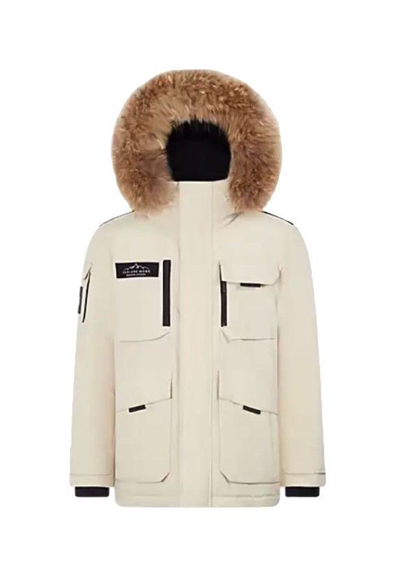 Cream down jacket with fur-trim hood, front zip, and four flap pockets.