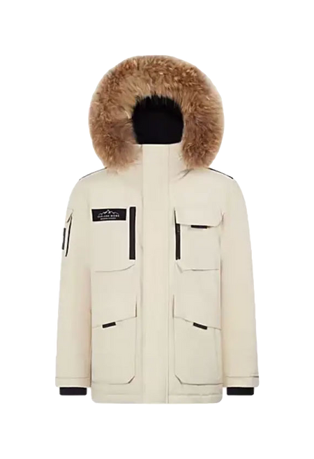 Cream down jacket with fur-trim hood, front zip, and four flap pockets.