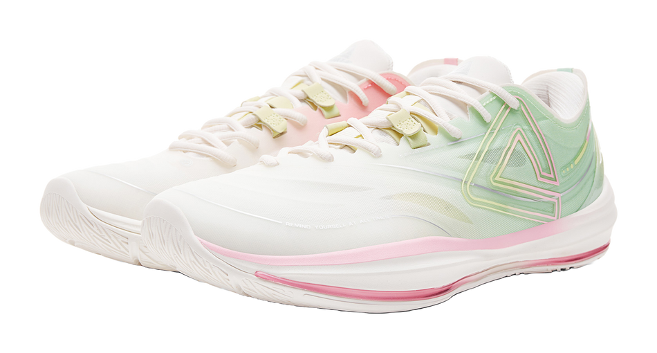 Lightweight basketball shoe, white upper with mint green and pink accents, lace-up.