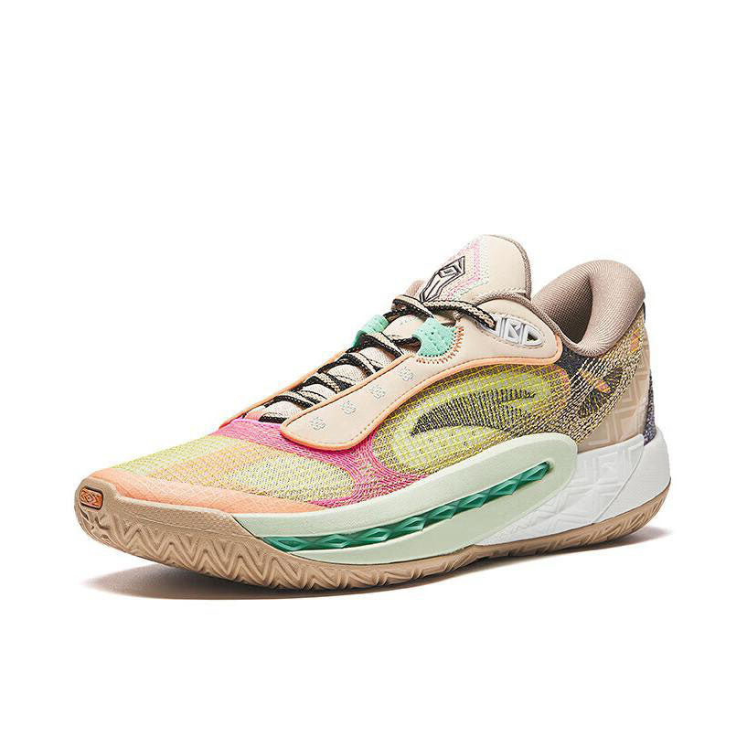 Basketball shoes, multicolor knit with orange and mint panels, beige tongue, white sole