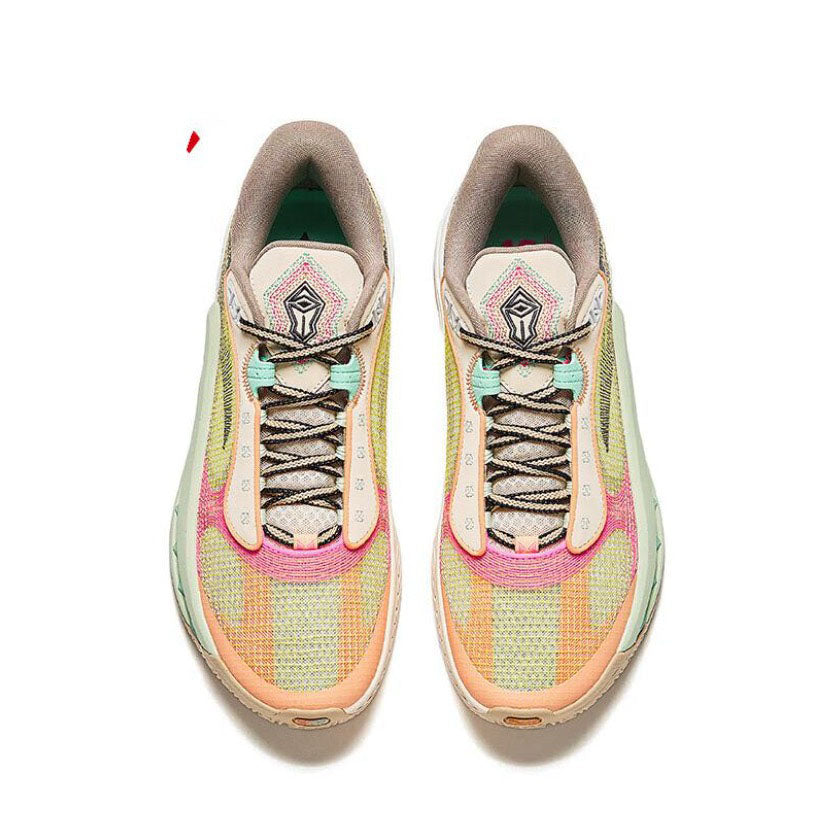 Basketball shoes, laced multicolor knit with pink-orange overlays, beige collar, white midsole