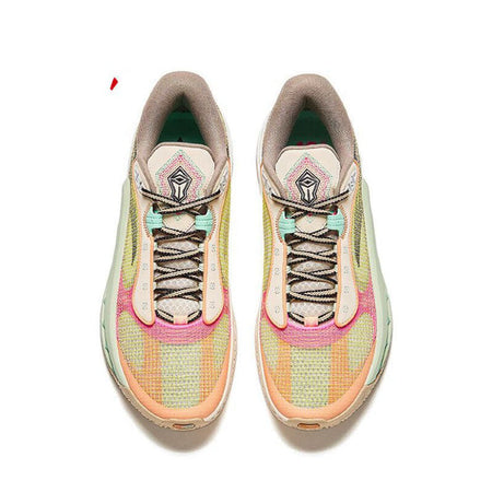 Basketball shoes, laced multicolor knit with pink-orange overlays, beige collar, white midsole