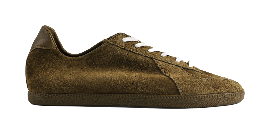 PANE dark green suede sneakers, lace-up side profile with white stitching