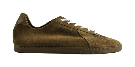 PANE dark green suede sneakers, lace-up side profile with white stitching