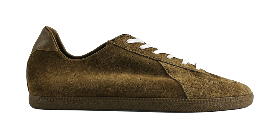 PANE dark green suede sneakers, lace-up side profile with white stitching