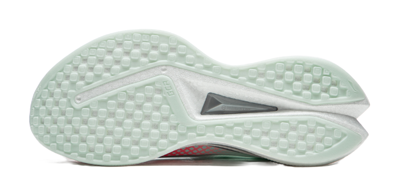 Mint running shoe outsole with textured tread and gray insert