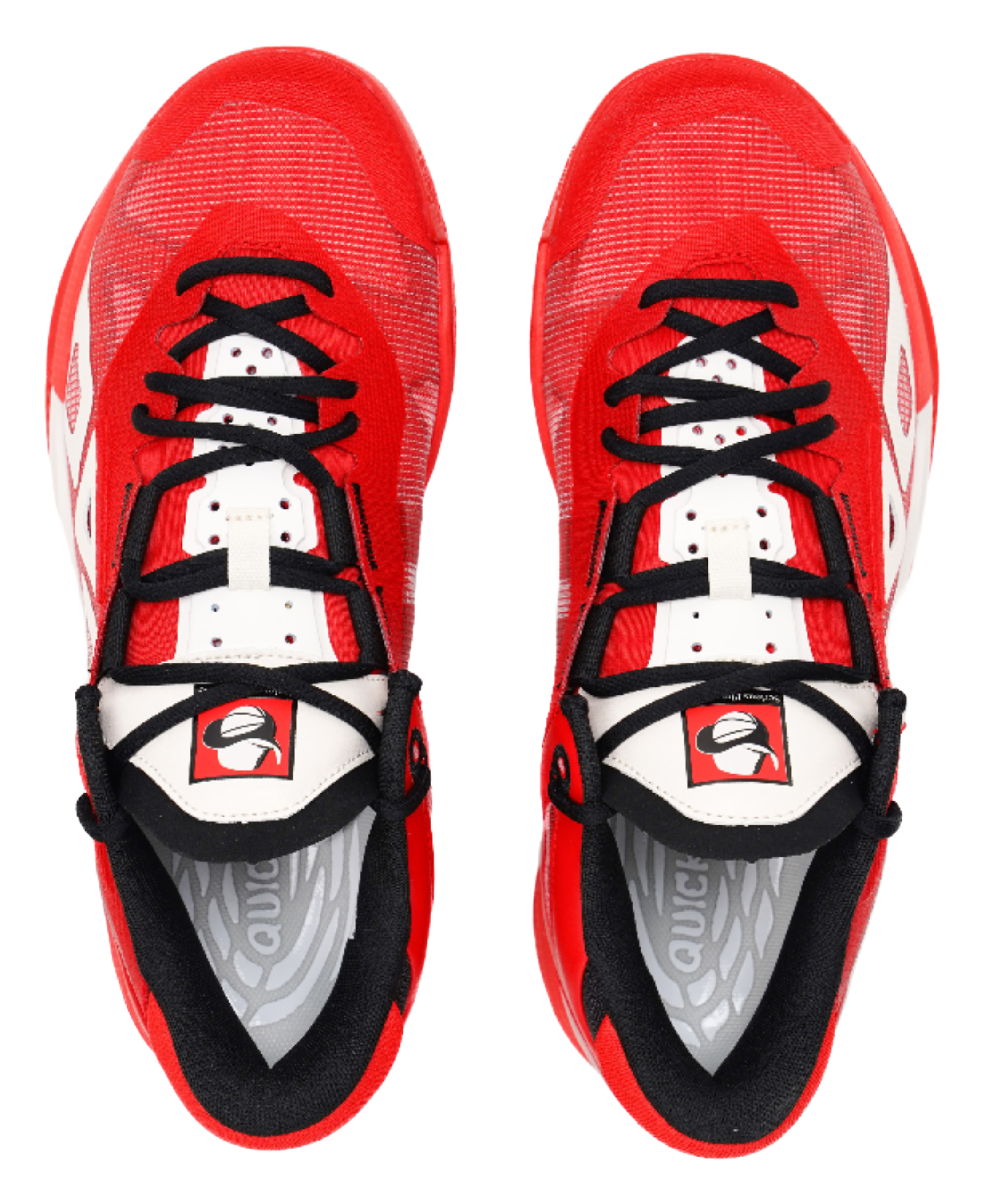 Pair of red basketball shoes, front view, with black laces and white toe panels