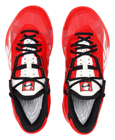 Pair of red basketball shoes, front view, with black laces and white toe panels