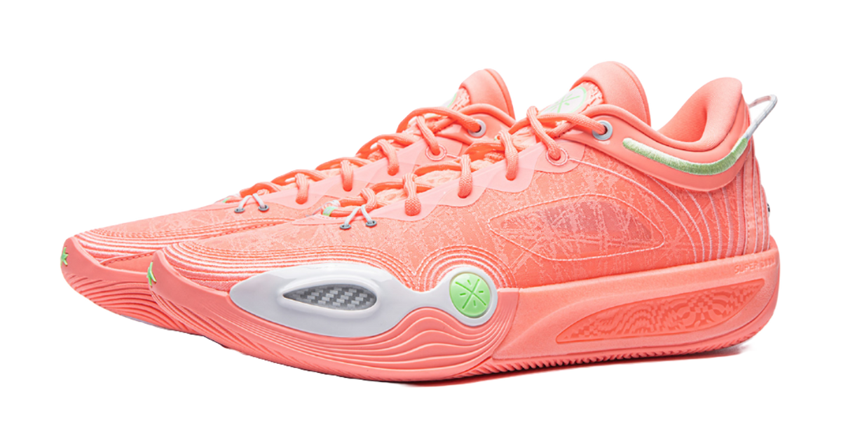 Men's low-top basketball shoes, pink-orange mesh with lace-up and green accent at heel