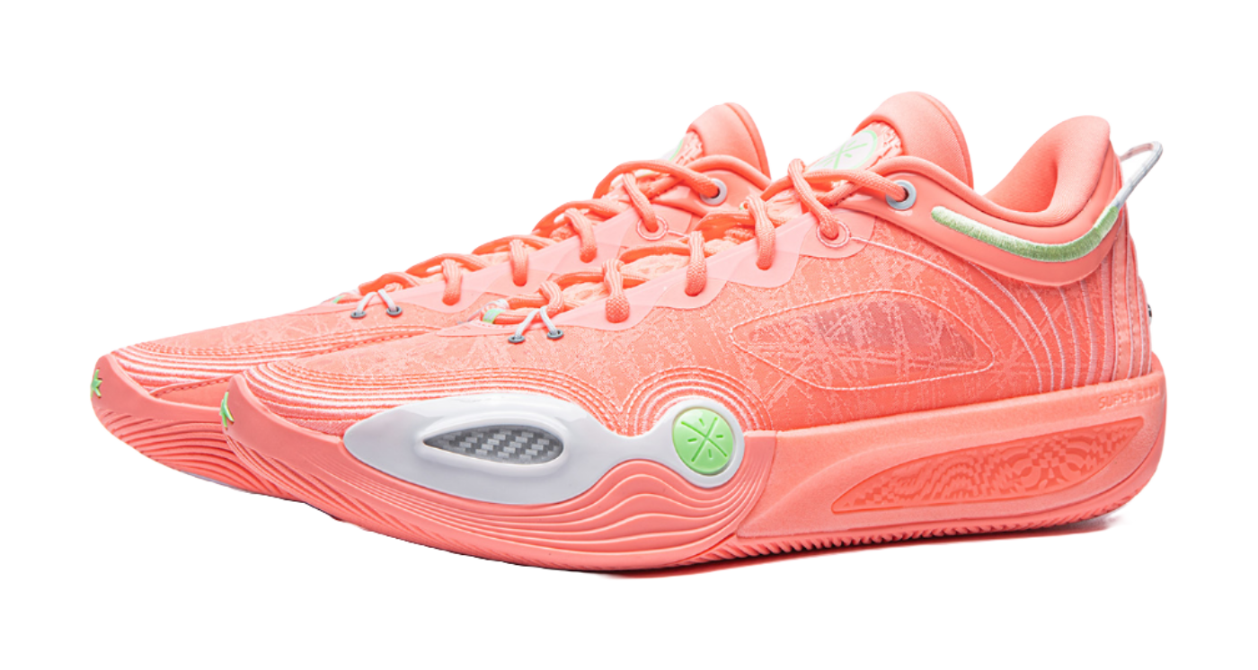 Men's low-top basketball shoes, pink-orange mesh with lace-up and green accent at heel