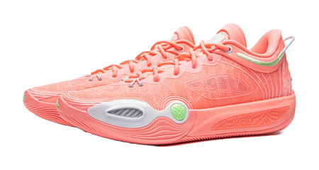 Men's low-top basketball shoes, pink-orange mesh with lace-up and green accent at heel