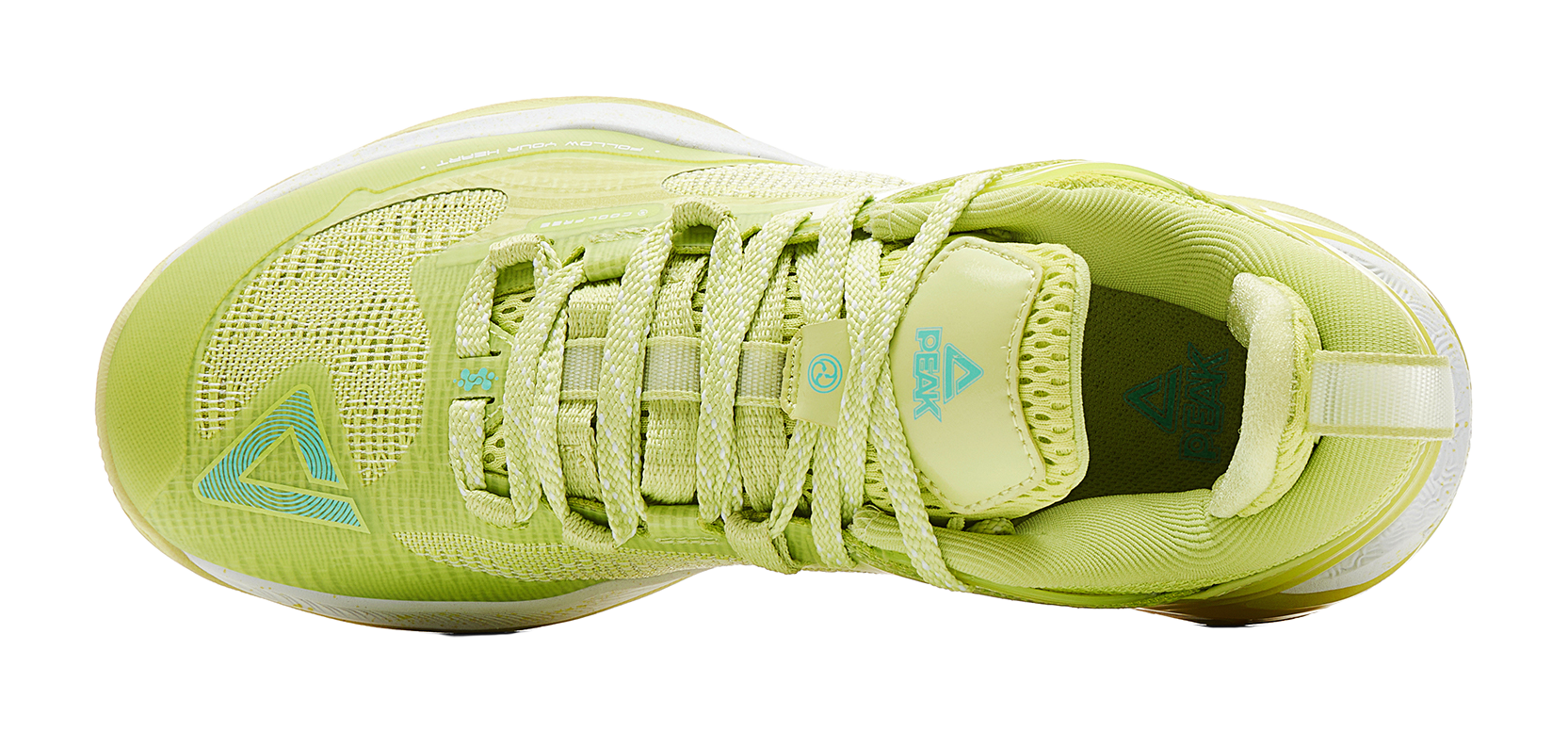 Light acid green basketball shoe showing tongue and laces with padded collar and logo