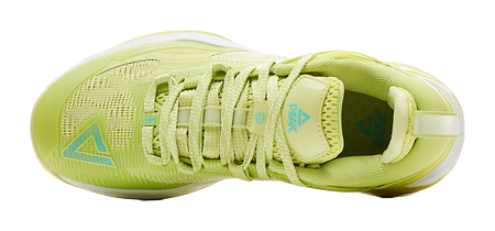 Light acid green basketball shoe showing tongue and laces with padded collar and logo
