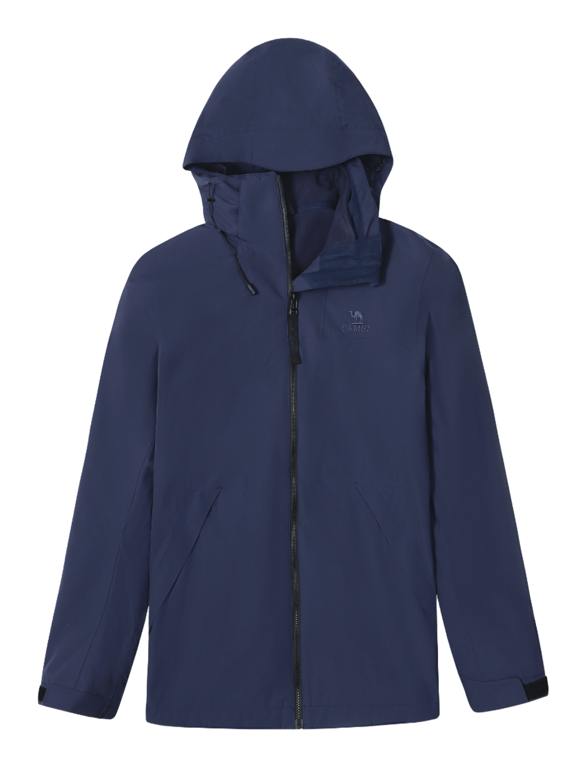 Navy blue hooded windbreaker jacket with full-length zip and side pockets.