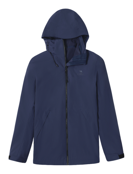 Navy blue hooded windbreaker jacket with full-length zip and side pockets.