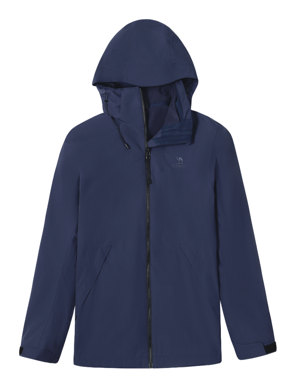 Navy blue hooded windbreaker jacket with full-length zip and side pockets.