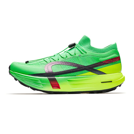 Men's green running shoe with lace-up knit upper, black logo stripe, and thick sole