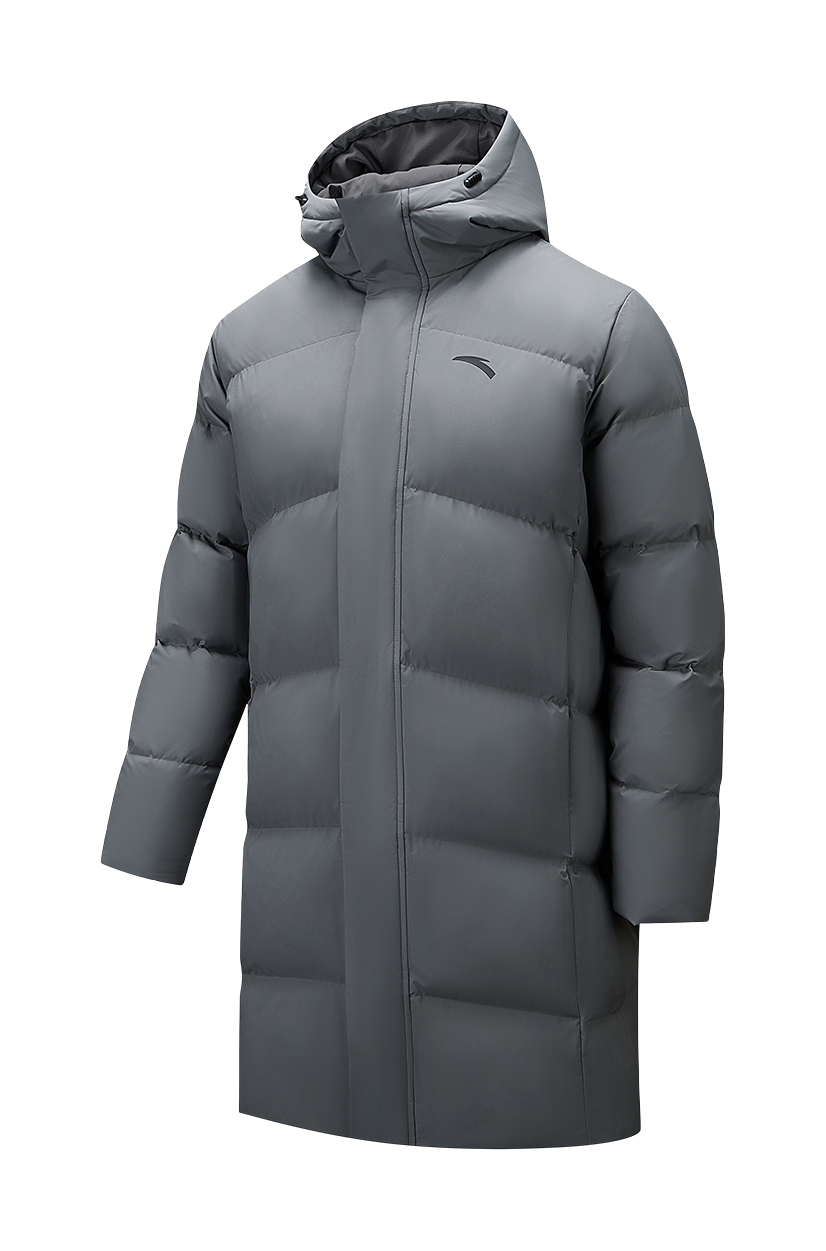 Men's dusty gray puffer down jacket with full hood and front zipper