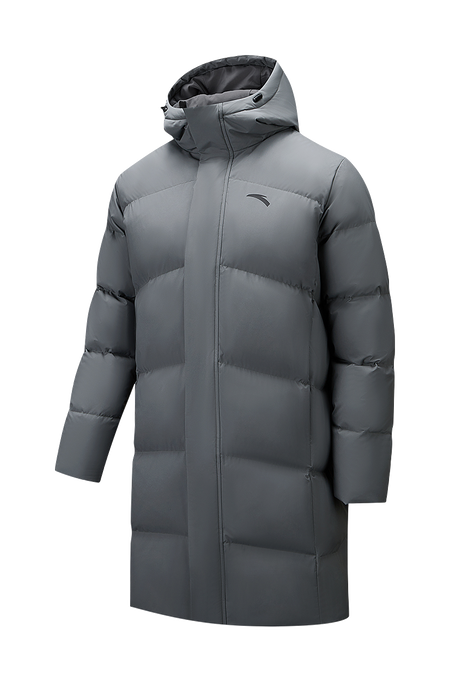 Men's dusty gray puffer down jacket with full hood and front zipper