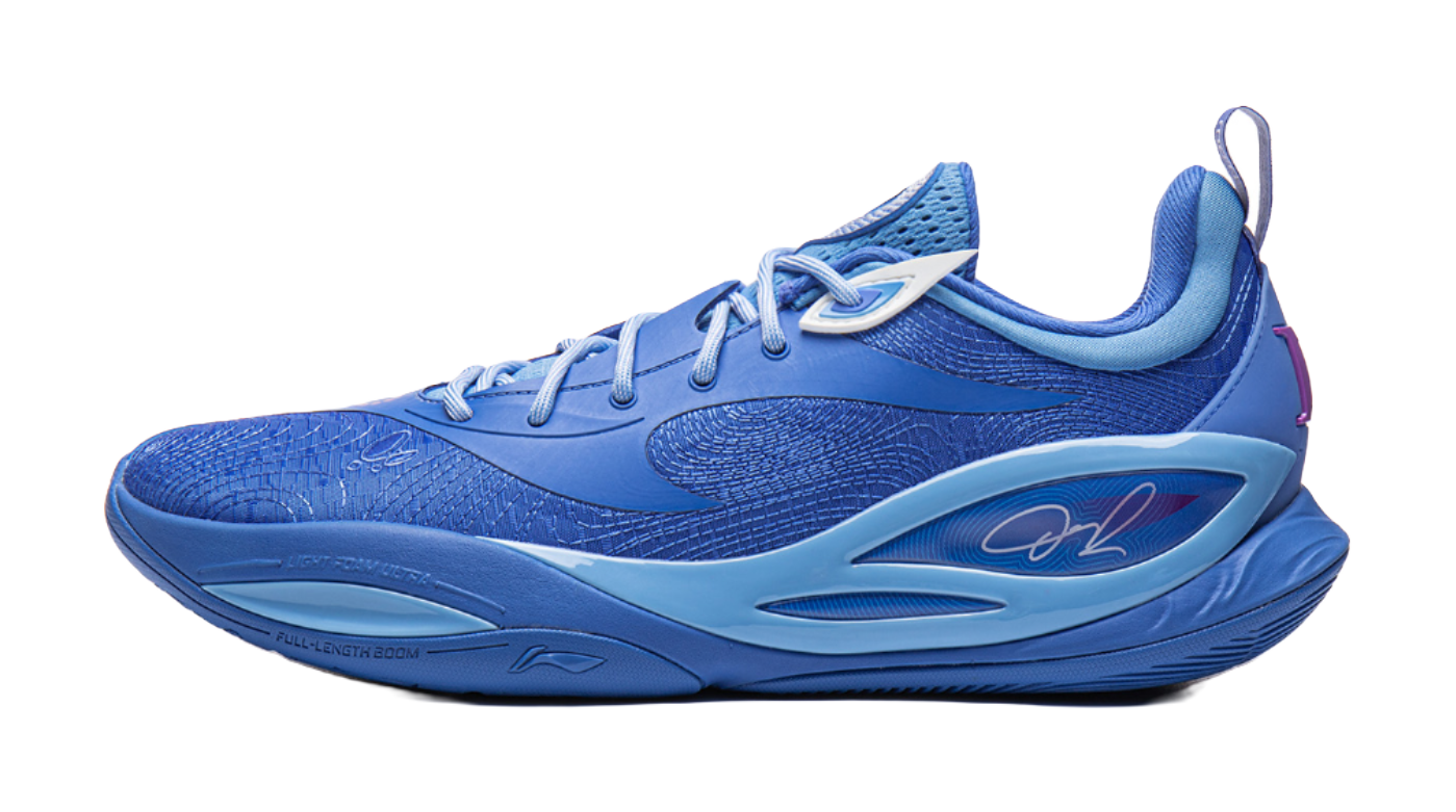 Blue basketball shoe with lace-up front, white accents, and swoosh logo on side