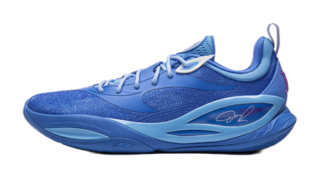 Blue basketball shoe with lace-up front, white accents, and swoosh logo on side