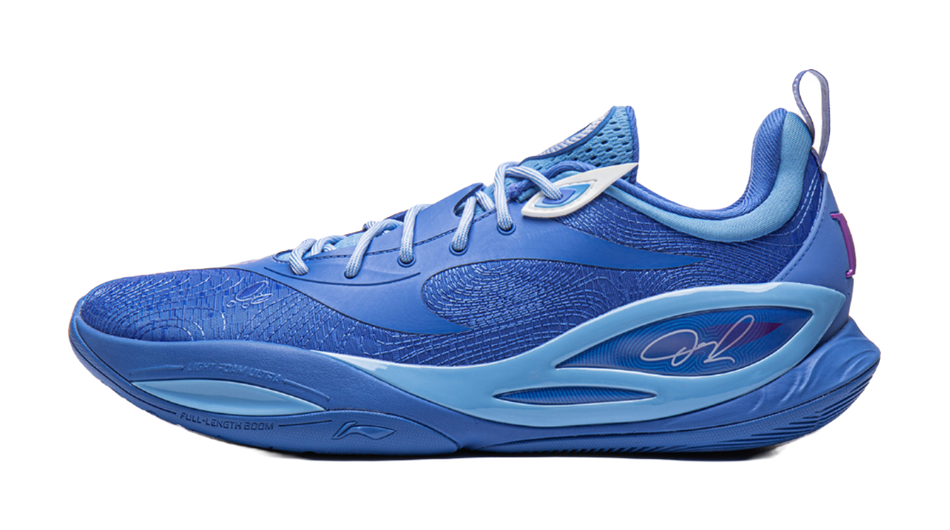 Blue basketball shoe with lace-up front, white accents, and swoosh logo on side