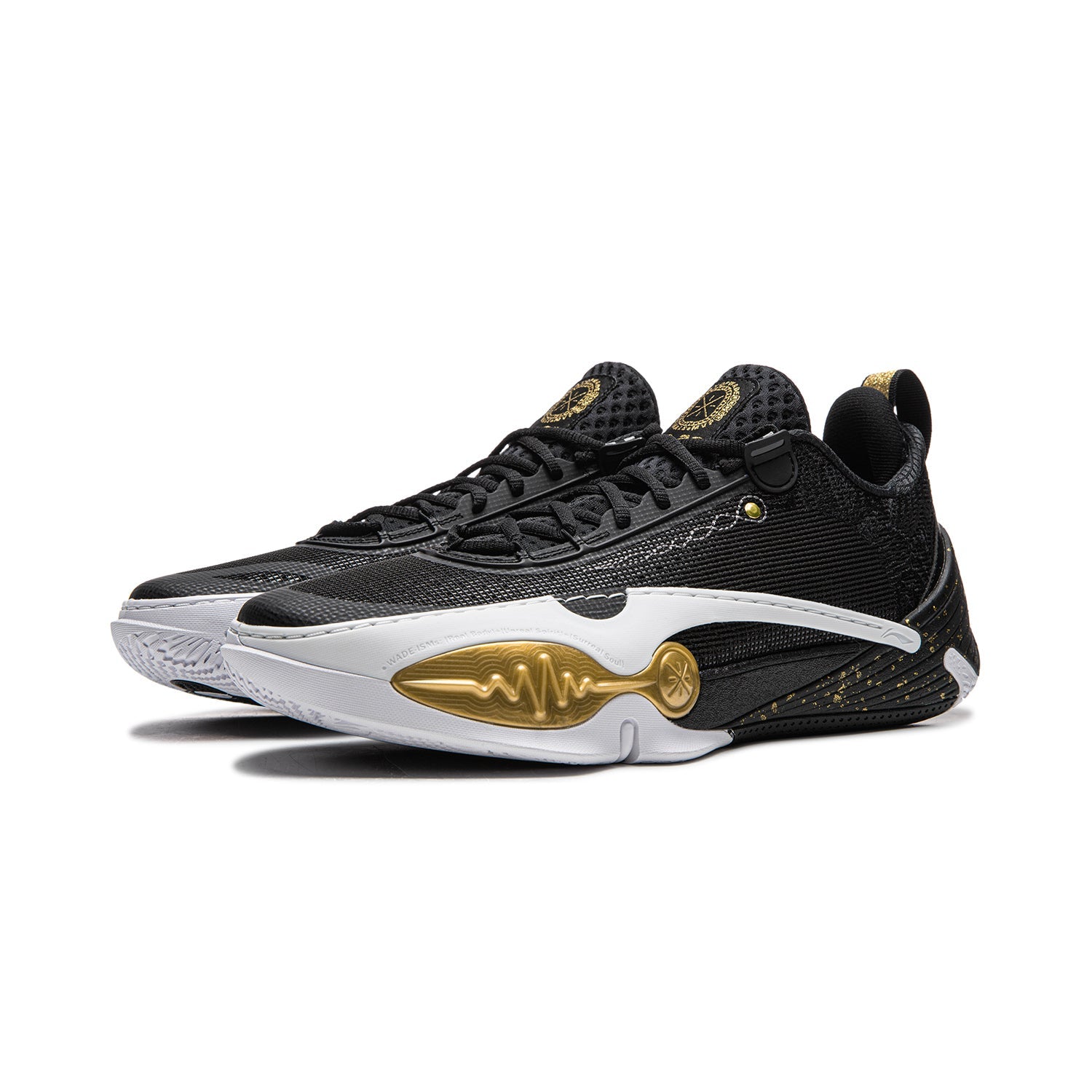 Men's black basketball shoe with white panel and gold wing-style logo