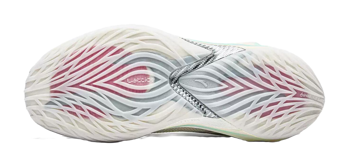 White basketball shoe outsole with zigzag traction pattern and rear pull tab