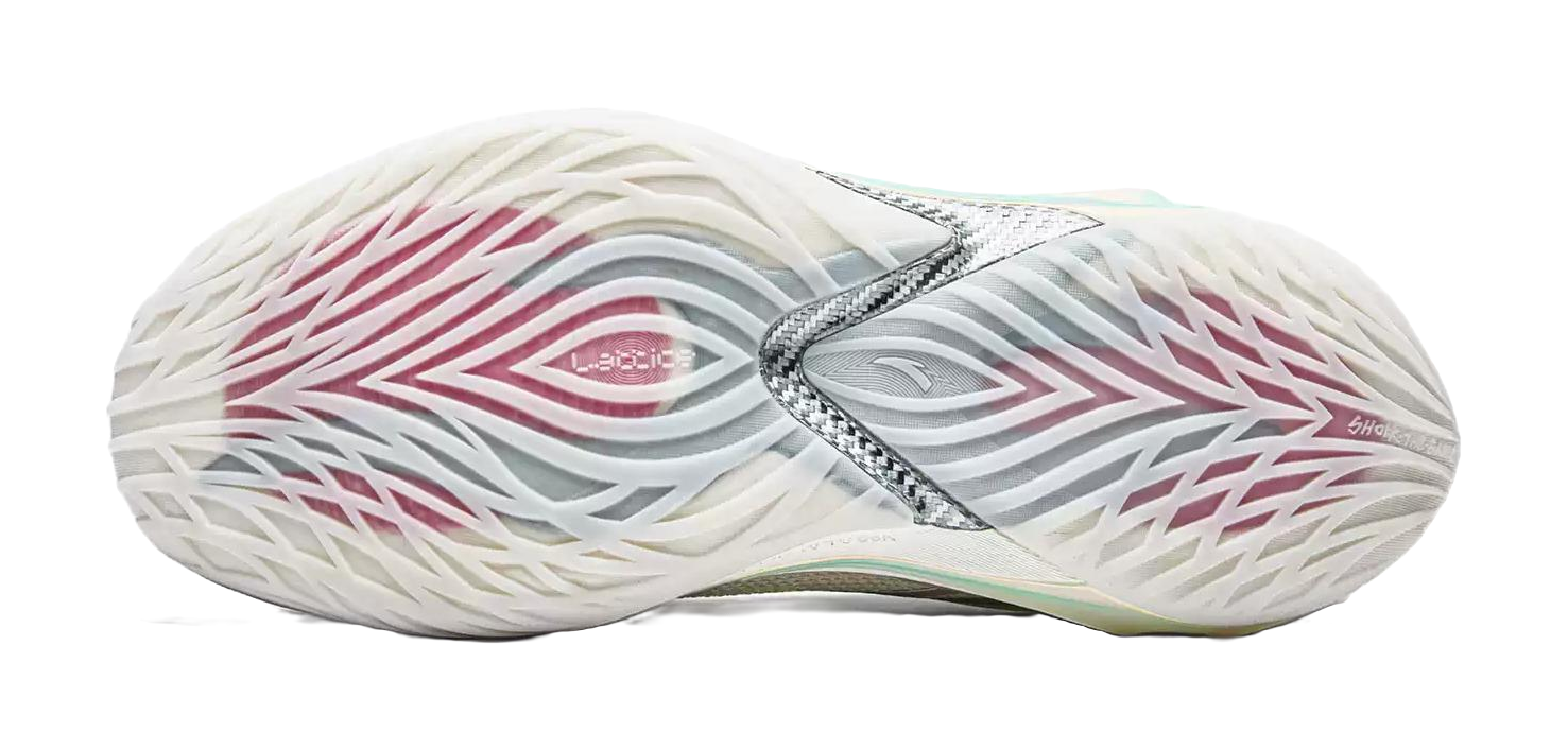 White basketball shoe outsole with zigzag traction pattern and rear pull tab