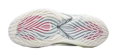 White basketball shoe outsole with zigzag traction pattern and rear pull tab