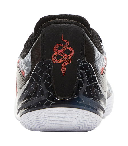 Basketball shoe heel with black back panel, red snake graphic, and speckled trim