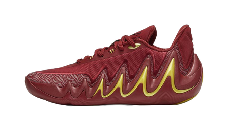 Men's low-top basketball shoes, burgundy upper with yellow zigzag midsole accents
