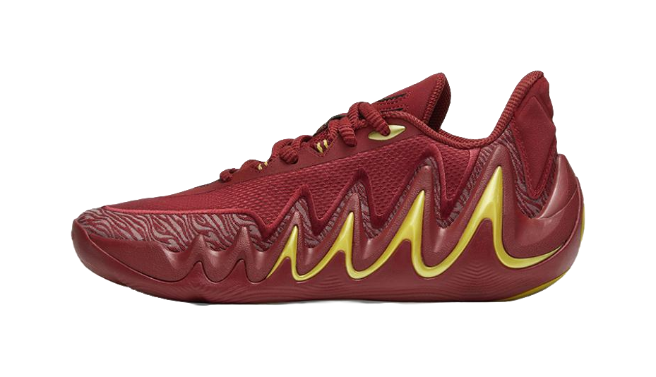 Men's low-top basketball shoes, burgundy upper with yellow zigzag midsole accents