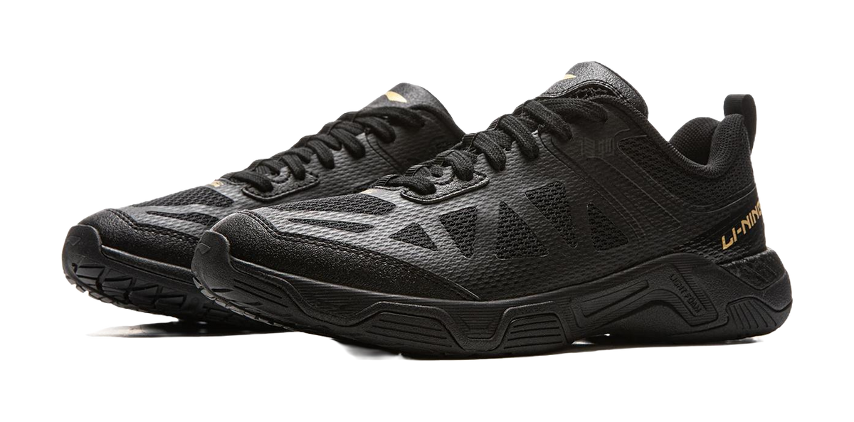 Li-Ning table tennis shoe in black, lace-up mesh with white side stripe accents
