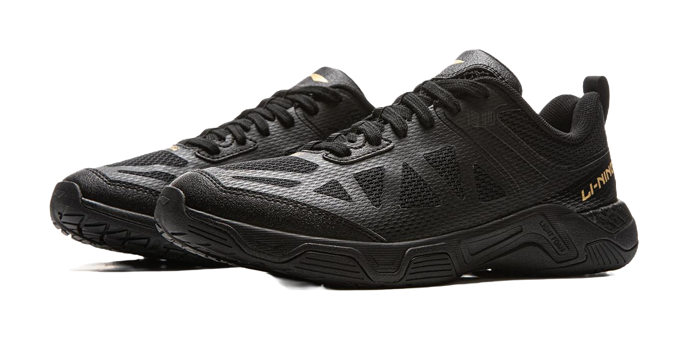 Li-Ning table tennis shoe in black, lace-up mesh with white side stripe accents