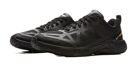 Li-Ning table tennis shoe in black, lace-up mesh with white side stripe accents