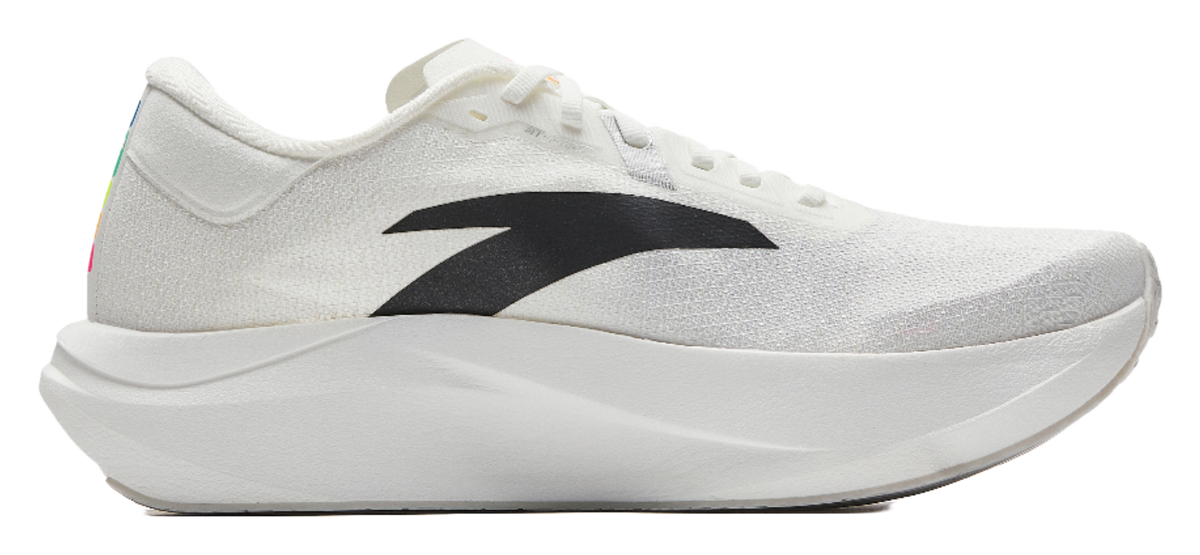 White running shoe with black quarter logo and thick white sole.