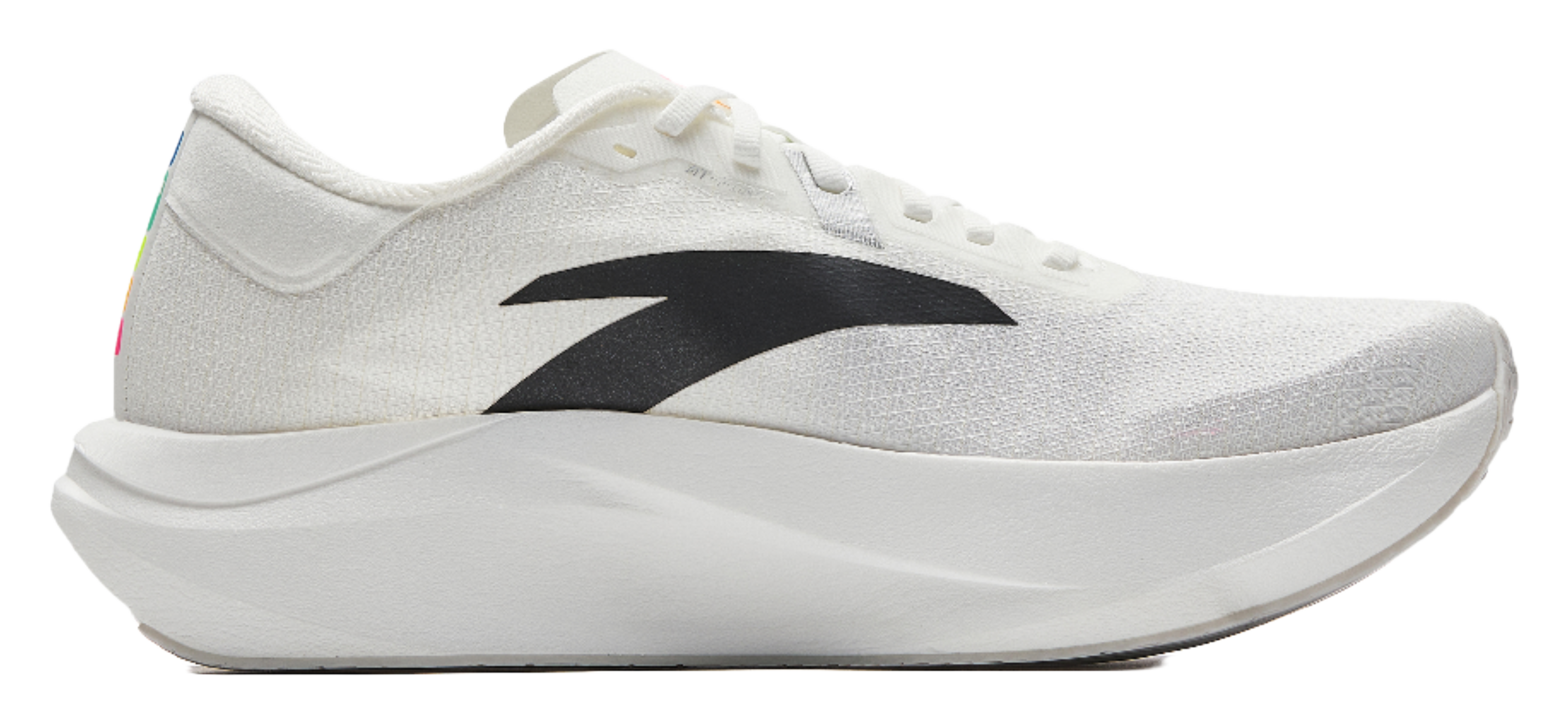 White running shoe with black quarter logo and thick white sole.