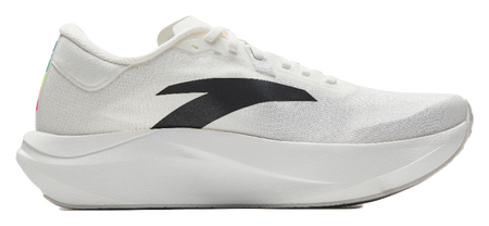 White running shoe with black quarter logo and thick white sole.