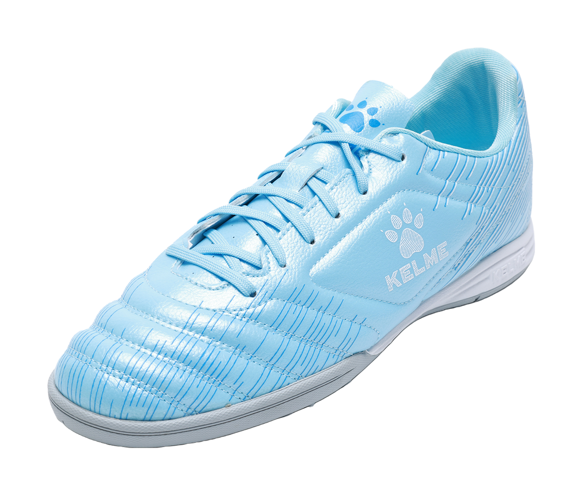 Sky blue unisex TF turf soccer shoe side view with KELME logo and lace-up