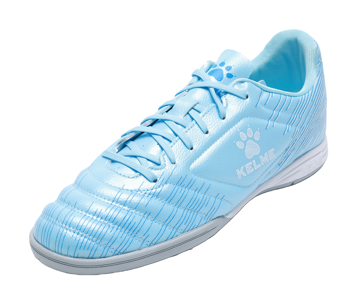 Sky blue unisex TF turf soccer shoe side view with KELME logo and lace-up