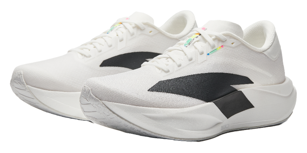 White running shoe pair view with lace-up closure and black side stripe logo