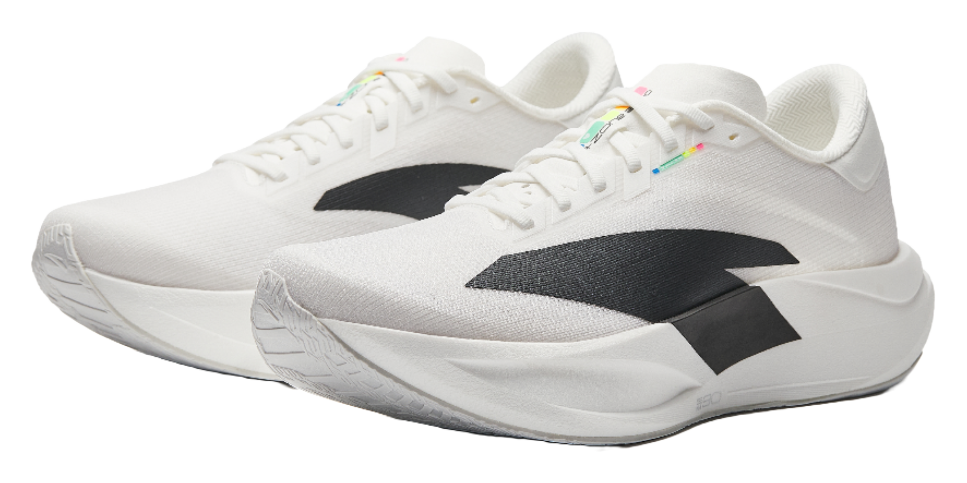 White running shoe pair view with lace-up closure and black side stripe logo