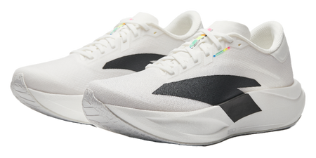 White running shoe pair view with lace-up closure and black side stripe logo