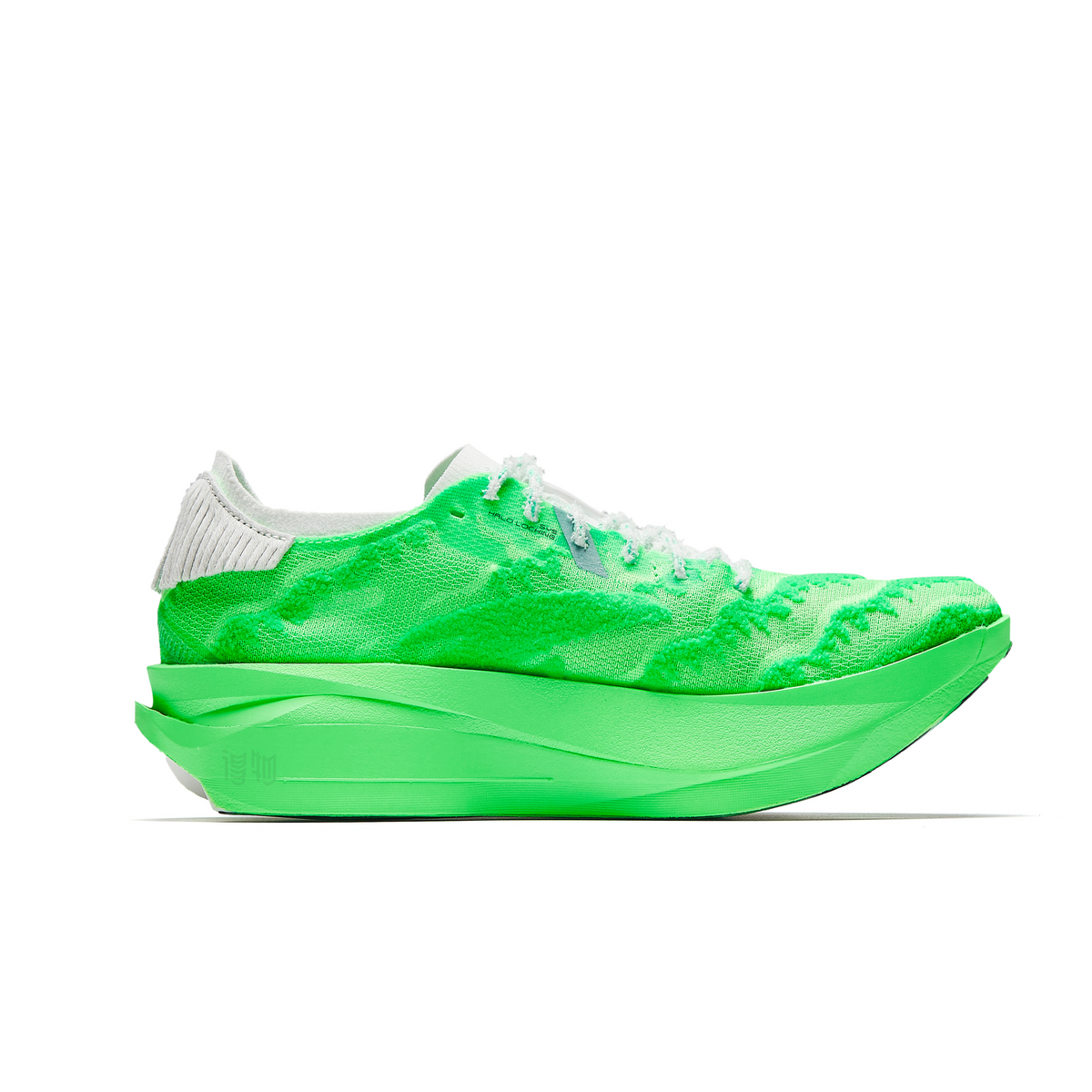 Marathon racing shoe in flash green with thick sole, knit upper and white collar, side view.
