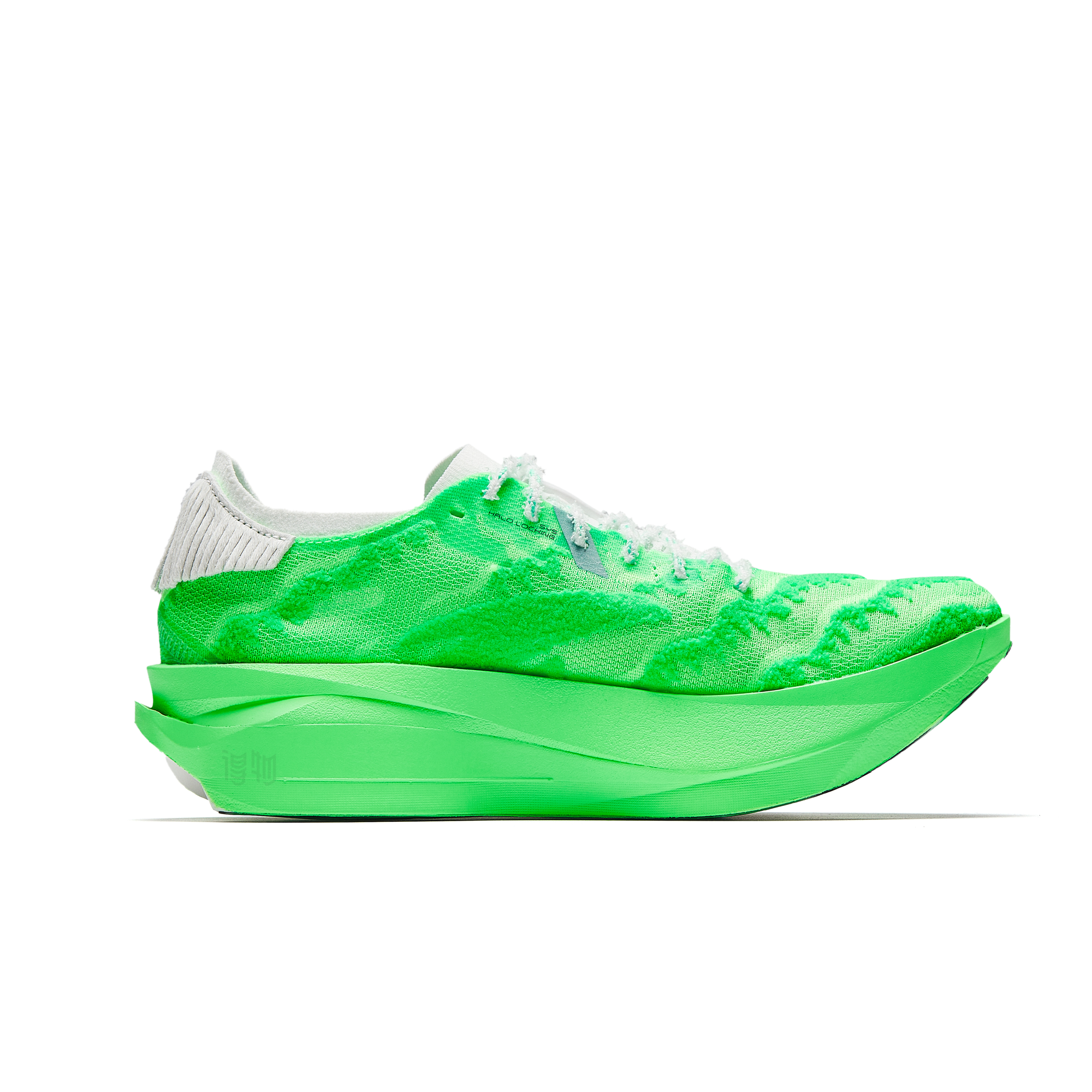 Marathon racing shoe in flash green with thick sole, knit upper and white collar, side view.