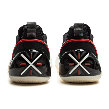 Black basketball shoes with red heel trim and X-pattern graphic on midsole.