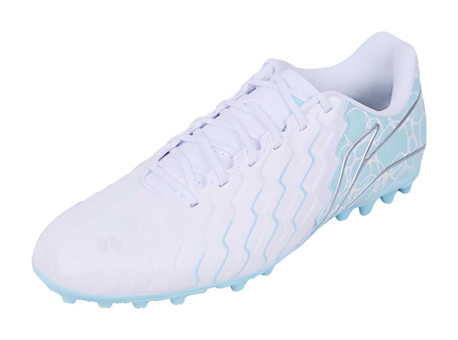 Men's multi-ground soccer cleat, white upper with light-blue design and logo
