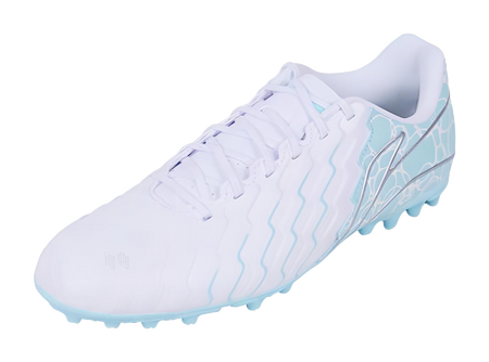 Men's multi-ground soccer cleat, white upper with light-blue design and logo